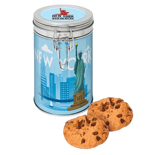 Promotional Chocolate Chip Cookie Tins in Silver Printed with a Logo by Total Merchandise