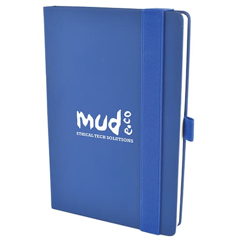 Company branded A5 Wide Strap Soft Touch PU Notebooks in blue from Total Merchandise