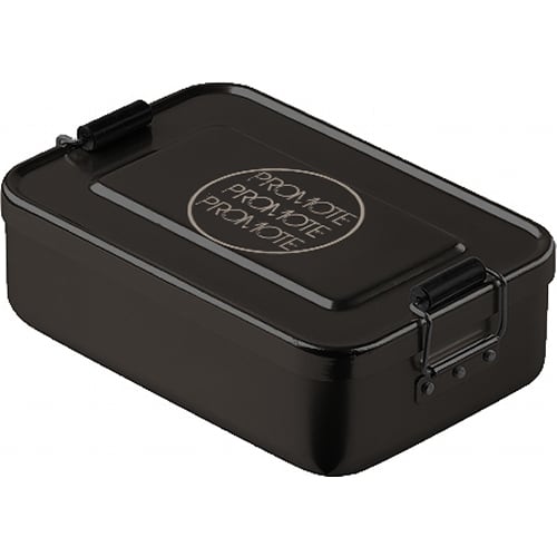 Custom Branded Aluminium Lunch Boxes in Black Printed with a Logo from Total Merchandise