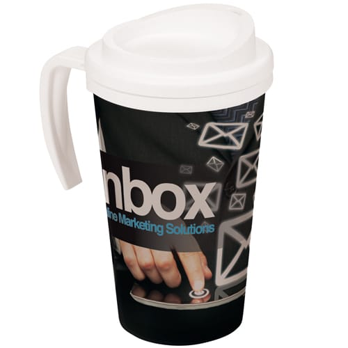 Custom Branded Brite Americano Grande Thermal Mugs with White Lid & Handle from Total Merchandise