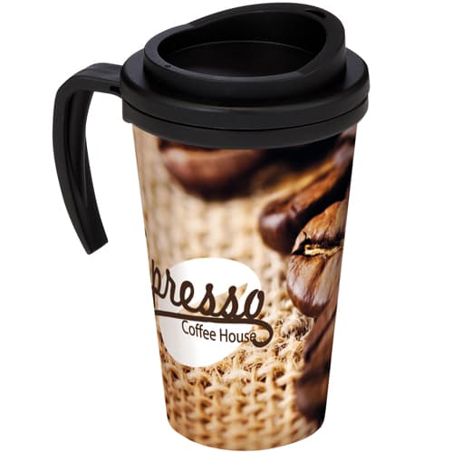 UK Branded Brite Americano Grande Travel Mugs with Black Lid and Handle from Total Merchandise