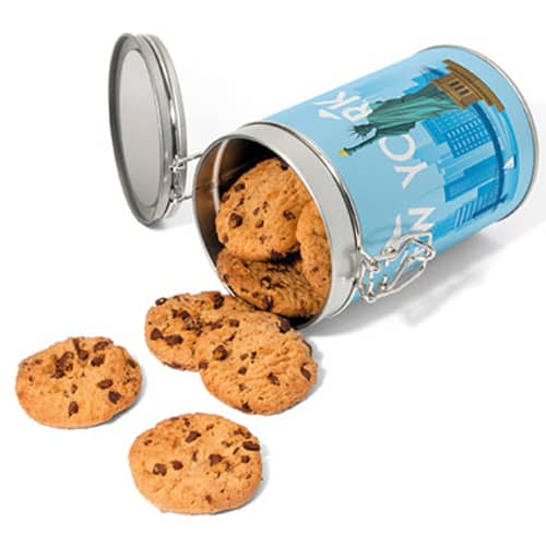 Open Promotional Chocolate Chip Cookie Tins in Silver from Total Merchandise