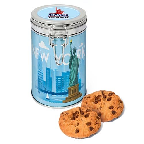 Promotional Chocolate Chip Cookie Tins in Silver Printed with a Logo by Total Merchandise