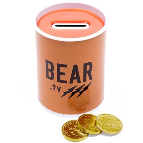UK Printed Chocolate Coin Money Box Tins in White with Orange Design from Total Merchandise