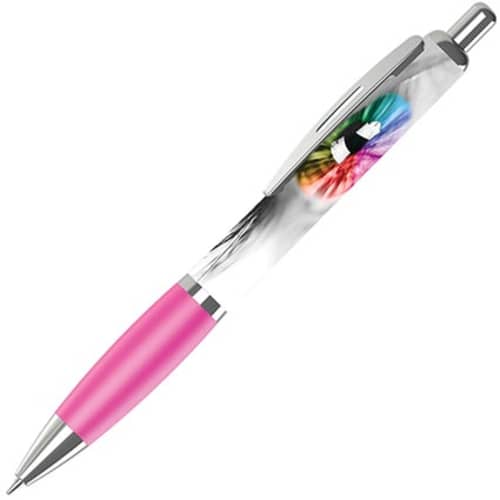 UK Branded Contour 360 Wrap Ballpens in Pink Printed with a Design by Total Merchandise