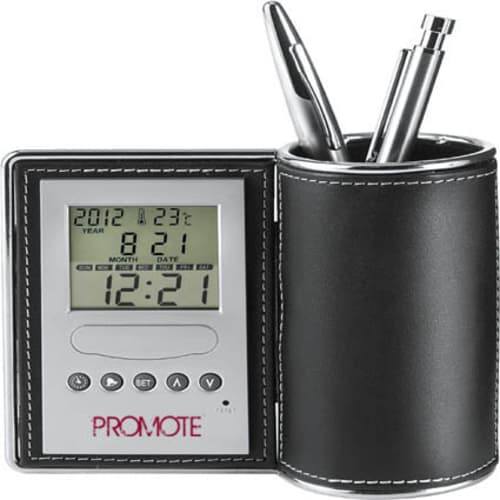 Personalised Desk Tidy Clocks available in black from Total Merchandise