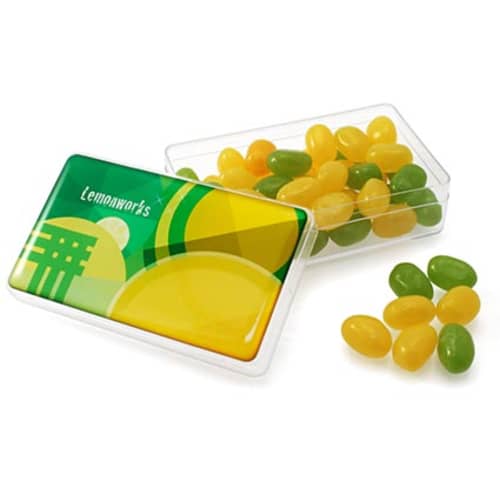 UK Printed Gourmet Jelly Bean Rectangle Pots with Jelly Bean Colours Matching the Logo