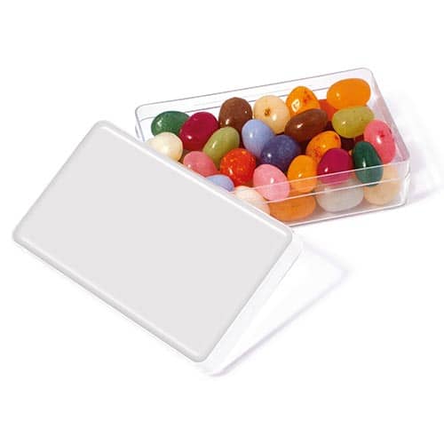 Corporate Branded Gourmet Jelly Bean Rectangle Pots in Clear Plain Stock Ready for Printing