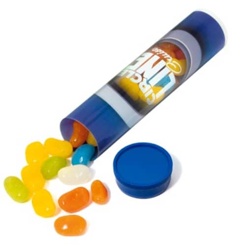 Promotional Tubes of Jelly Beans with Blue Lid Printed with a Company Logo by Total Merchandise