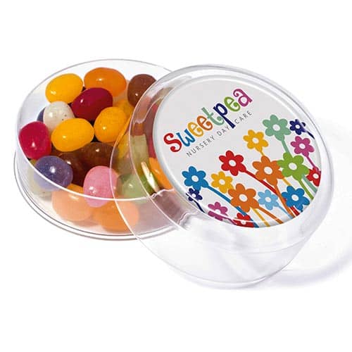 Promotional Maxi Gourmet Jelly Bean Pots in Clear with Domed Label Printed by Total Merchandise