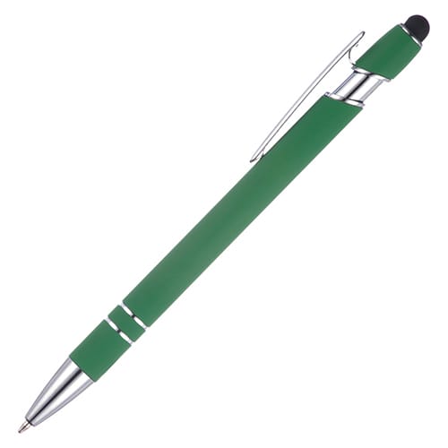 Soft feel promotional stylus pen in green and engraved with your logo from Total Merchandise