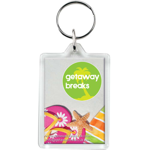 Full colour printed Plastic Rectangular Keyrings branded with a company logo from Total Merchandise