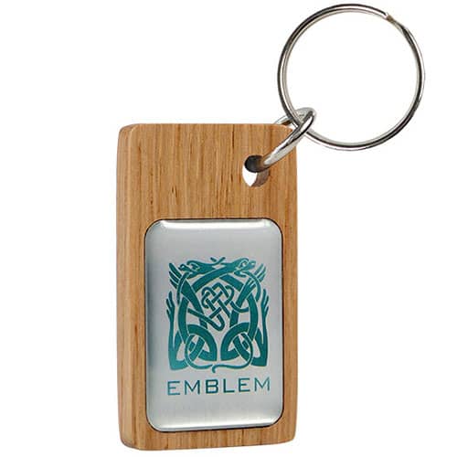 Custom Branded Wooden Keychains with Full Colour Printed Metal Plate from Total Merchandise