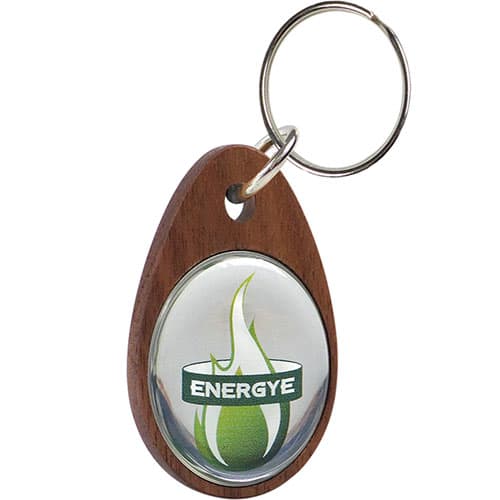 Custom Branded Wooden Oval Keyrings in Walnut with Printed Metal Plate by Total Merchandise