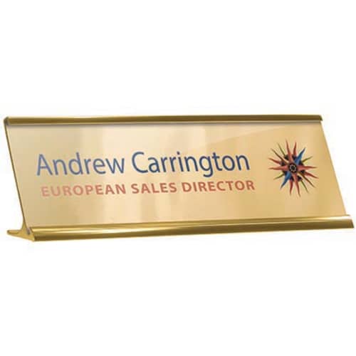 Promotional Metal Name Plates in Gold with Name, Position and Logo by Total Merchandise