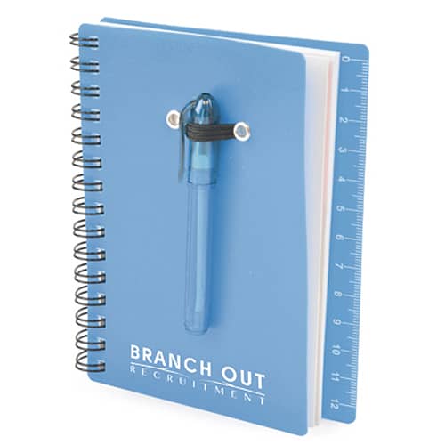 This spiral bound notebook comes with a pen, ruler & sticky notes