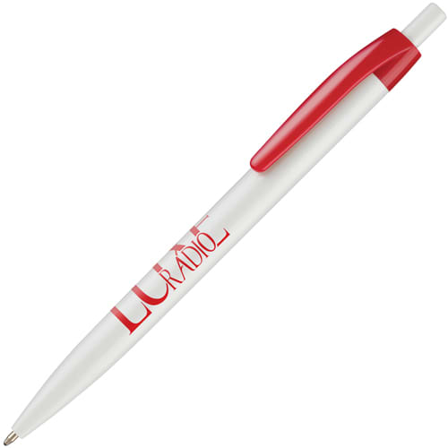 Personalised white and red supersaver click ballpens printed with a logo from Total Merchandise