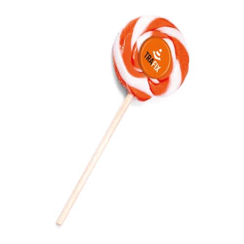 Branded Swirly Lollipops in Orange/White with a Printed Logo from Total Merchandise