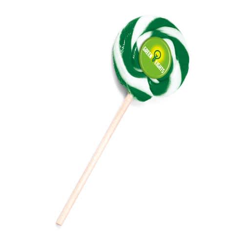 Logo Printed Swirly Lollipops in Green/White with a Full Colour Label from Total Merchandise