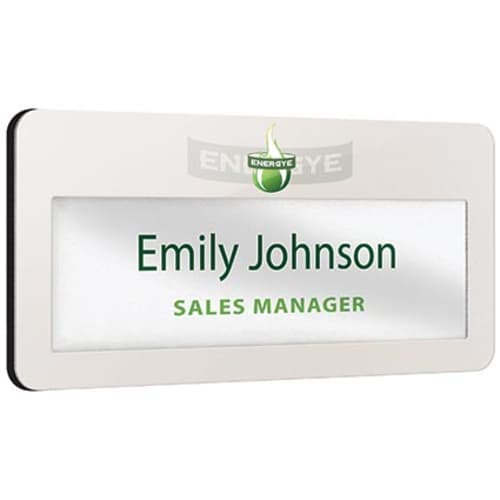 Branded Metal Window Staff Name Badges in White from Total Merchandise