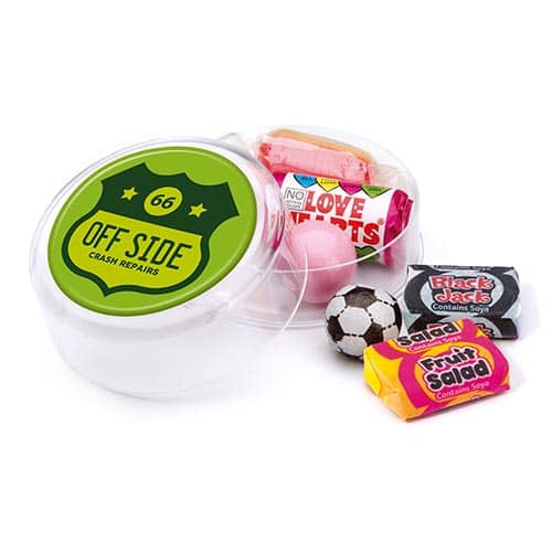 Clear Promotional Retro Sweet Pots with a Mix of Sweets Printed with a Logo by Total Merchandise