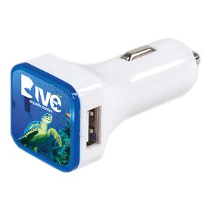 Branded Swift Dual Car Chargers with campaign logos