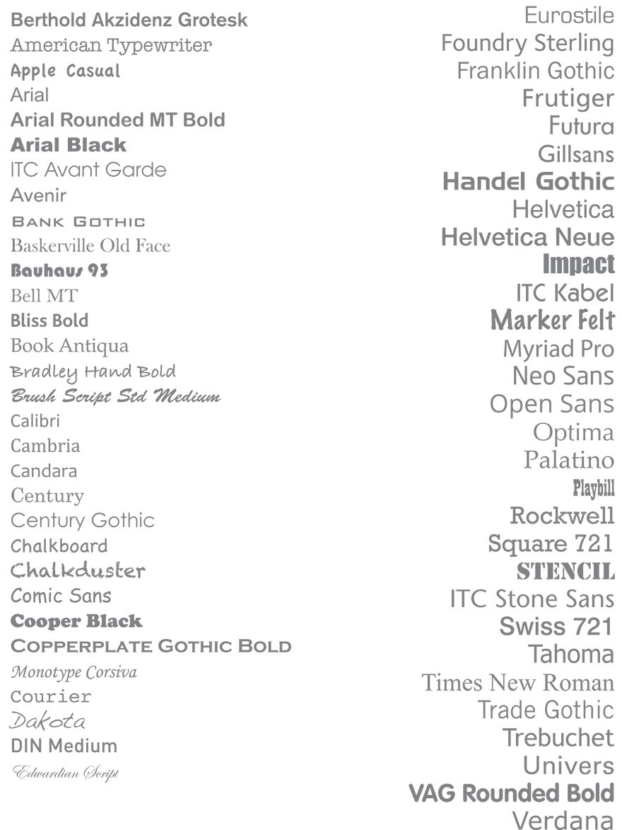 Available fonts for promotional merchandise Available fonts for promotional merchandise