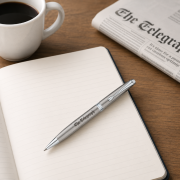 Lifestyle image of the Vienna Twist Stainless Steel Ballpen by Total Merchandise