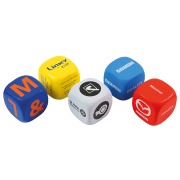 Logo-branded Stress Decision Dice with spot coloured label from Total Merchandise