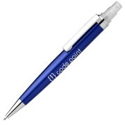 Promotional Metal Pen Hand Sanitiser in Navy Blue Engraved with your Logo by Total Merchandise