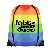 Branded Rainbow Drawstring Bags printed with a logo on one side by Total Merchandise