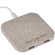 Branded Wheat Straw Composite Wireless Charging Station in brown printed by Total Merchandise