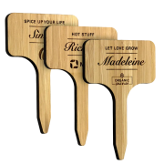 Promotional Bamboo Plant Markers in Caramel with individually engraved names by Total Merchandise