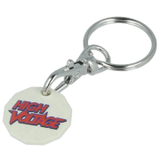 Recycled Biodegradable Plastic Trolley Coin Keyring being put in a trolley lock by Total Merchandise