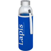 Custom branded Bodhi Glass Bottle in a blue sleeve from Total Merchandise