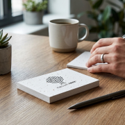 Lifestyle image of the Seed Paper Cover Memo Pad branded by Total Merchandise