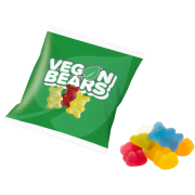 Custom printed Vegan Bears Flow Bag with an example of its contents from Total Merchandise