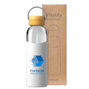 Custom Branded glass bottle with the white choice of a silicone sleeve and company logo