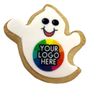 Promotional Halloween Ghost Shaped Shortbread Biscuits showing where your logo will be placed