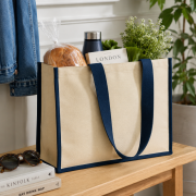Lifestyle image of the Brookland Eco Jute 10oz Canvas Tote Shopper by Total Merchandise