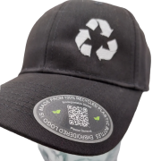 Recycled Polyester Caps with eco-embroidered logo and featuring a sticker