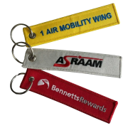 A lifestyle image of the Embroidered Keyrings with a range of different company logos