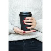Lifestyle image of the Reusable DOuble Walled Coffee Cup with a printed design from Total Merchandise
