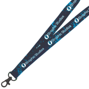 White Branded Lanyard Printed all Over with a Full Colour Logo supplied with Black Plastic Clip