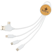 Branded Ontario 6-in-1 Eco Charging Cables in White/Bamboo Printed with a Logo by Total Merchandise