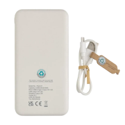 An image to show the information on the back of the power bank and the cable that comes included