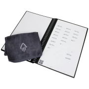 An image of the A5 Fusion Executive Rocketbook with the cloth that will wipe the book clean