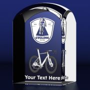 Custom Branded Sports Crystal Dome Tower Award with Cycling Design and Custom Engraved Text