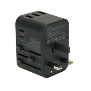 Logo Branded Worldwide Travel Adapter with Fast Charge USB-C in Black from Total Merchandise