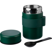 An image of the Stainless Steel Double Walled Lunch Pot in Green showing it open with the spoon
